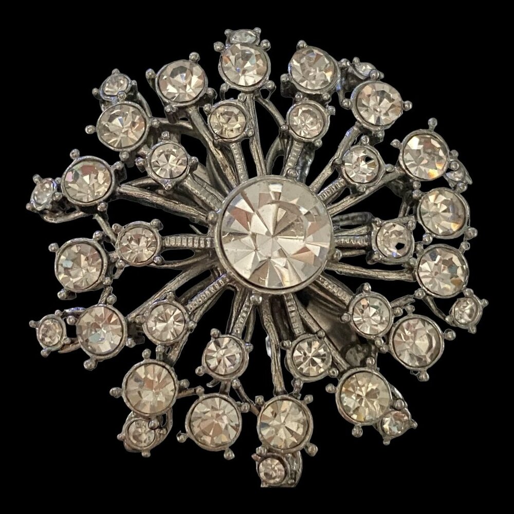Vintage Rhinestone Brooch Pin Silver Tone Round 1.75"